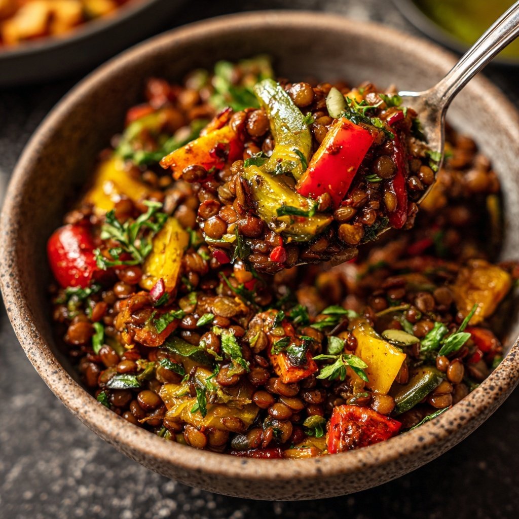 Mittagessen mit Linsen und Gemüse
