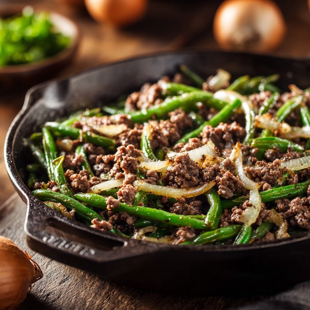 Hackfleisch und grüne Bohnen Pfanne